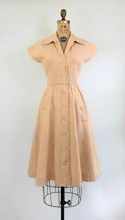 60s Peach Linen Dress SMALL FILE-1.webp