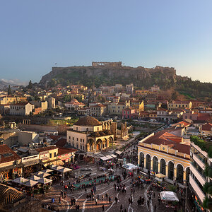 Aerial View of Monastiraki Square and Acropolis in the Evening,