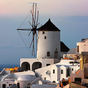 Windmills of Oia Village at Sunset, Santorini, Greece