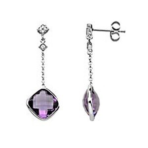 Diamond and Checker Board Genuine Amethyst Dangling Earrings in 14K White G