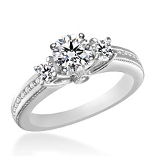 18K White Gold Three Stone Ring with Side stones