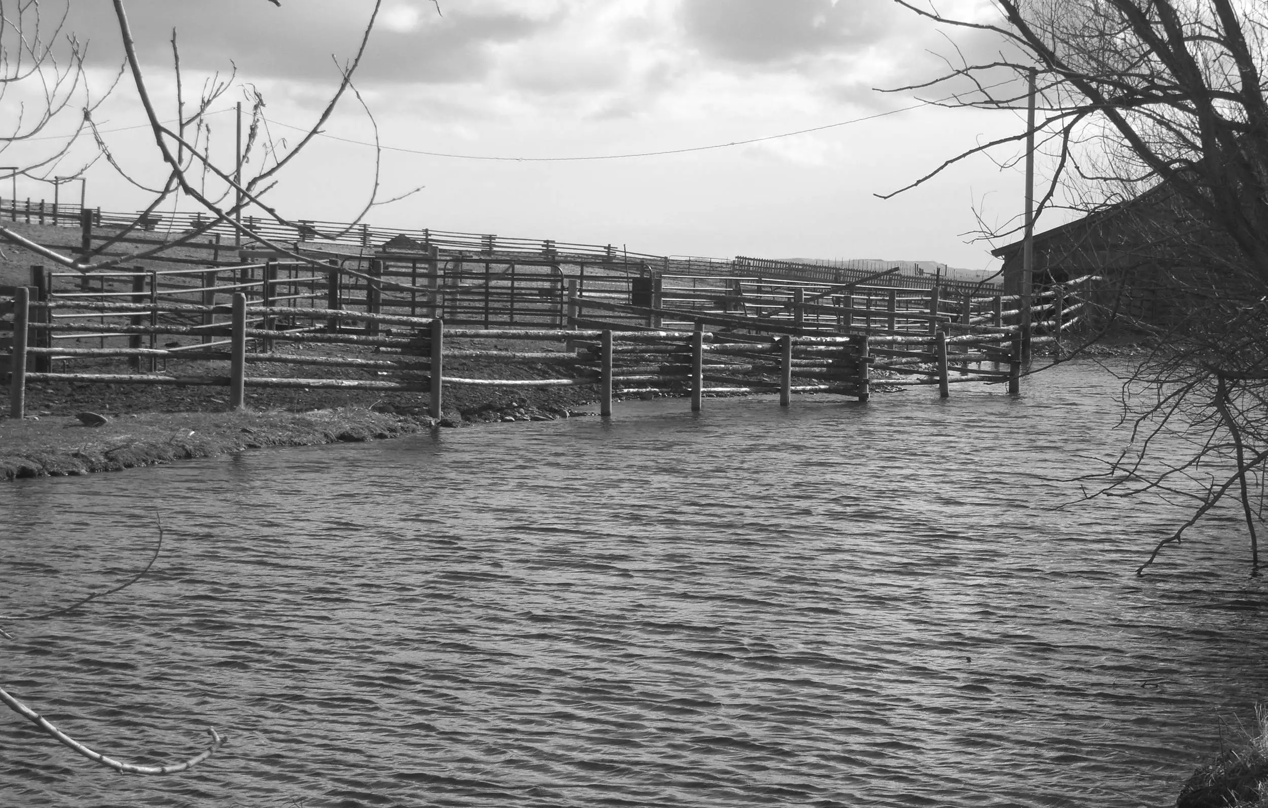 corrals in pond with barn