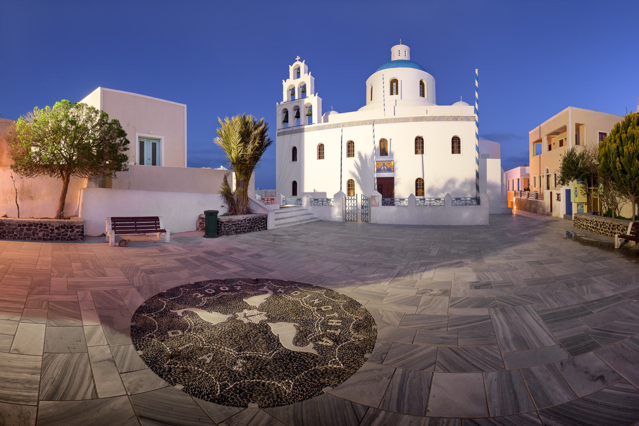 Panorama of Panagia Platsani Orthodox Church in the Morning, Oia