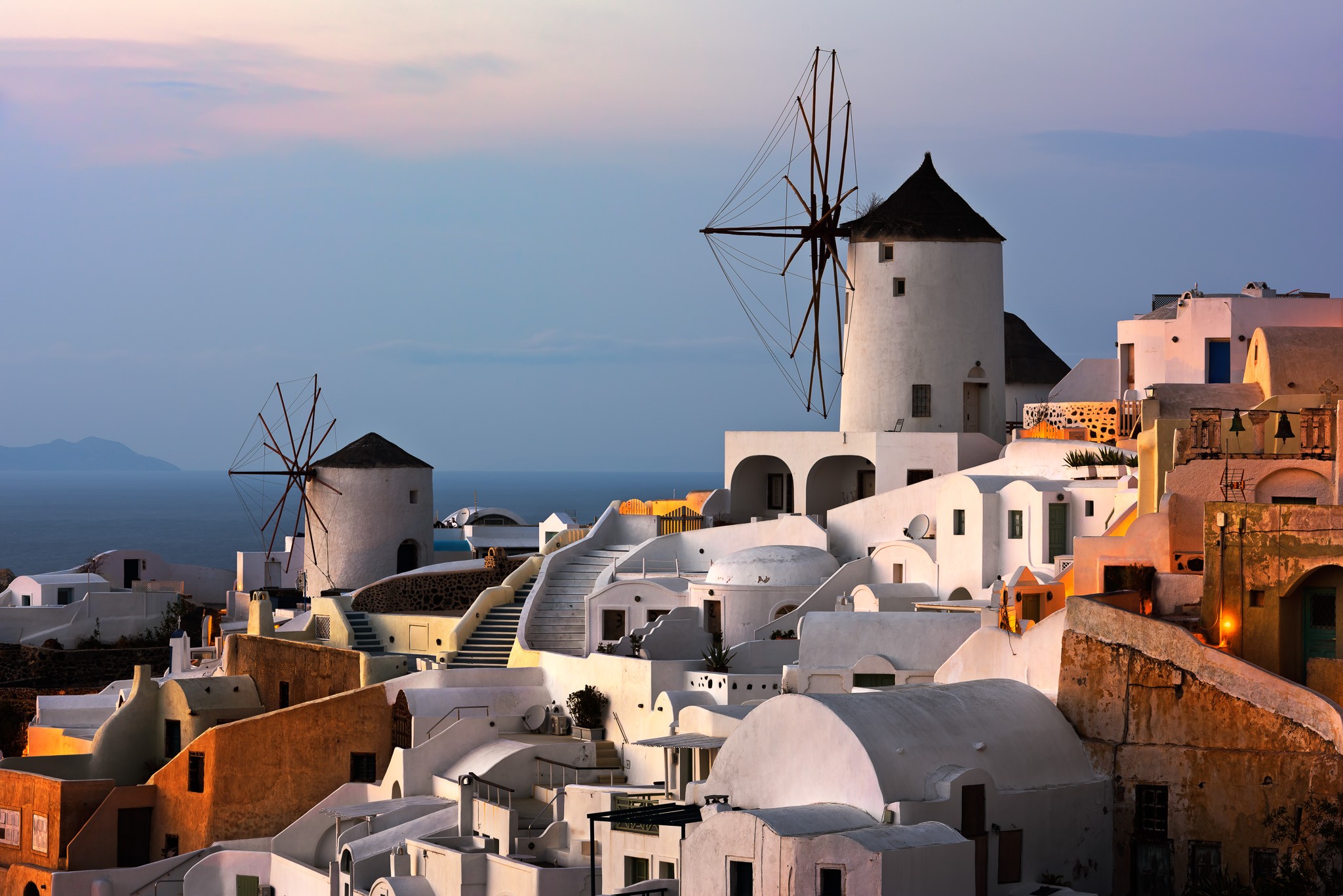 Windmills of Oia Village at Sunset, Santorini, Greece